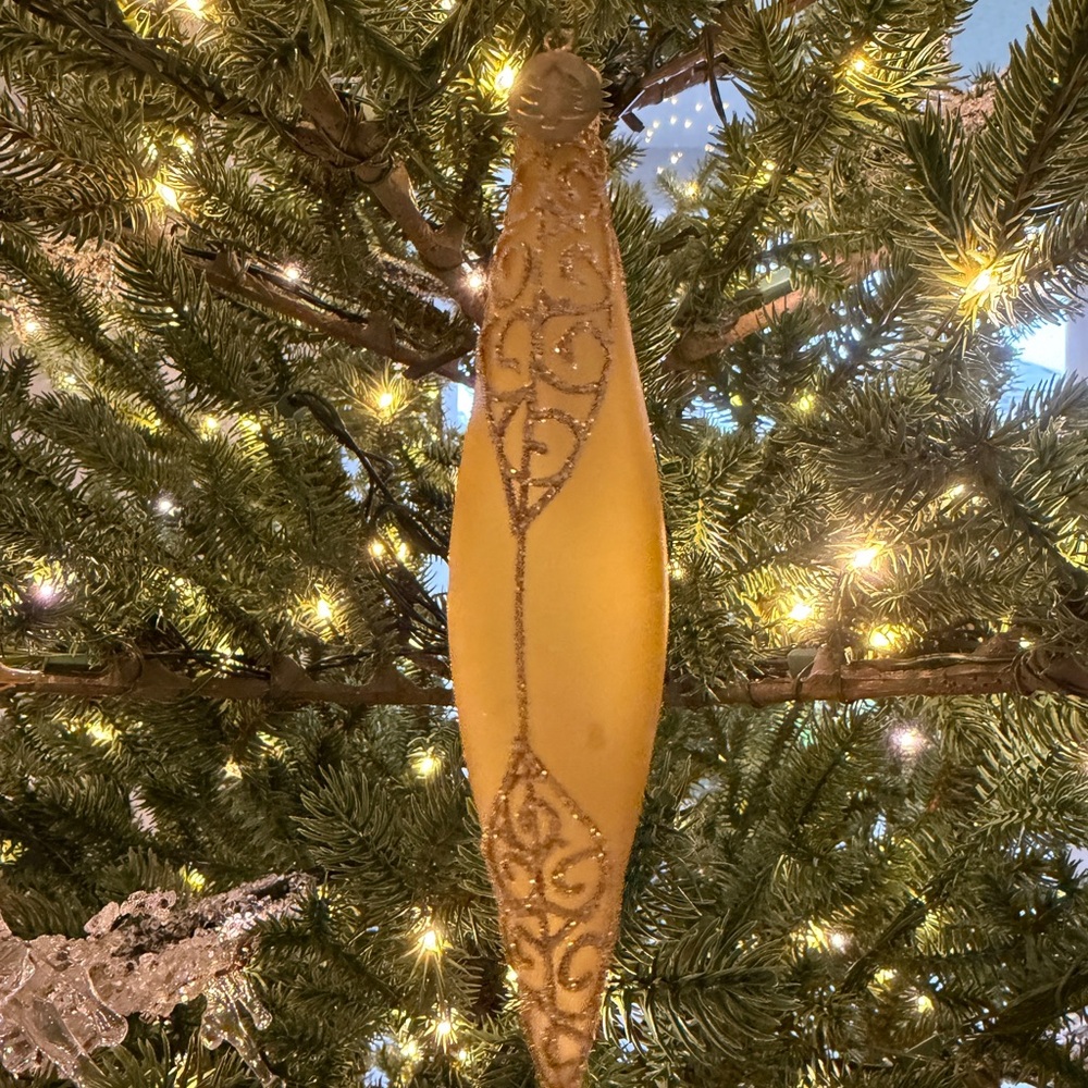 Macy's Gold Glitter Swirl Holiday Christmas Glass Ornament